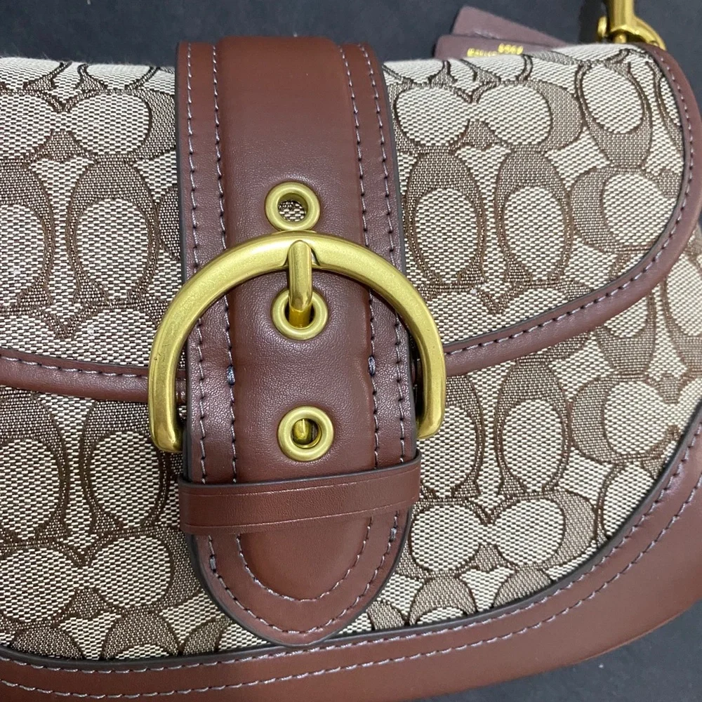 Coach Brown Signature Canvas Saddle Shoulder Bag with Gold Hardware